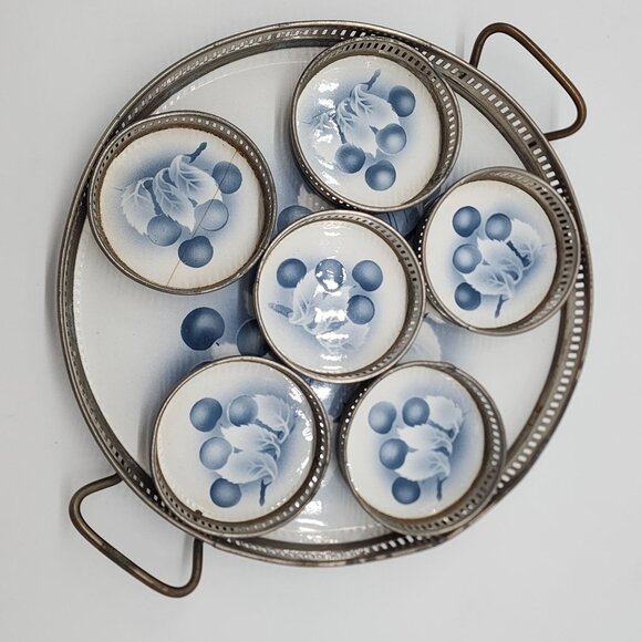 Serving Tray Set Round Platter Handles 6 Coasters Ceramic Tile Cherries Germany - Picture 2 of 12